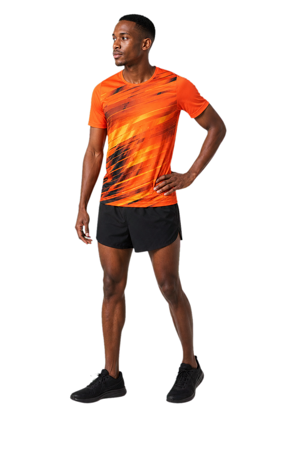 South African male runner in a vivid orange sublimated performance shirt