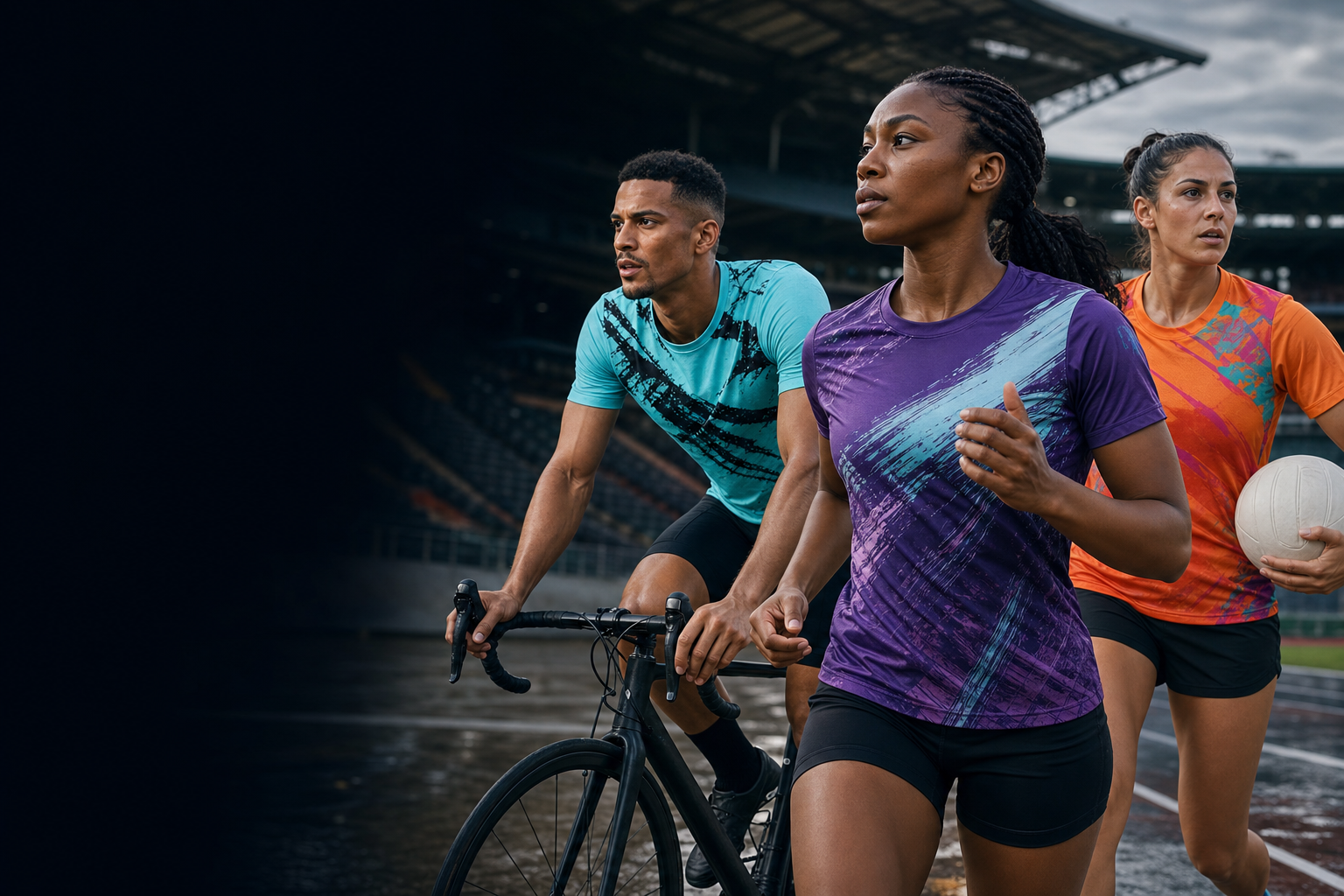 Three South African athletes in vivid purple, aqua and orange sublimated performance shirts