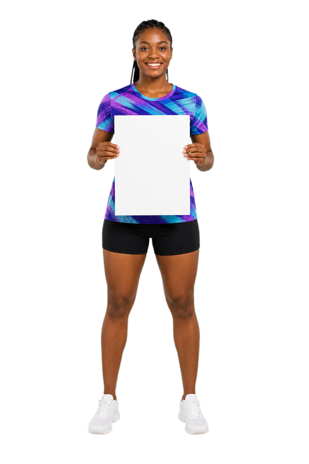 South African woman athlete in a purple and aqua sublimated shirt holding an artwork sheet