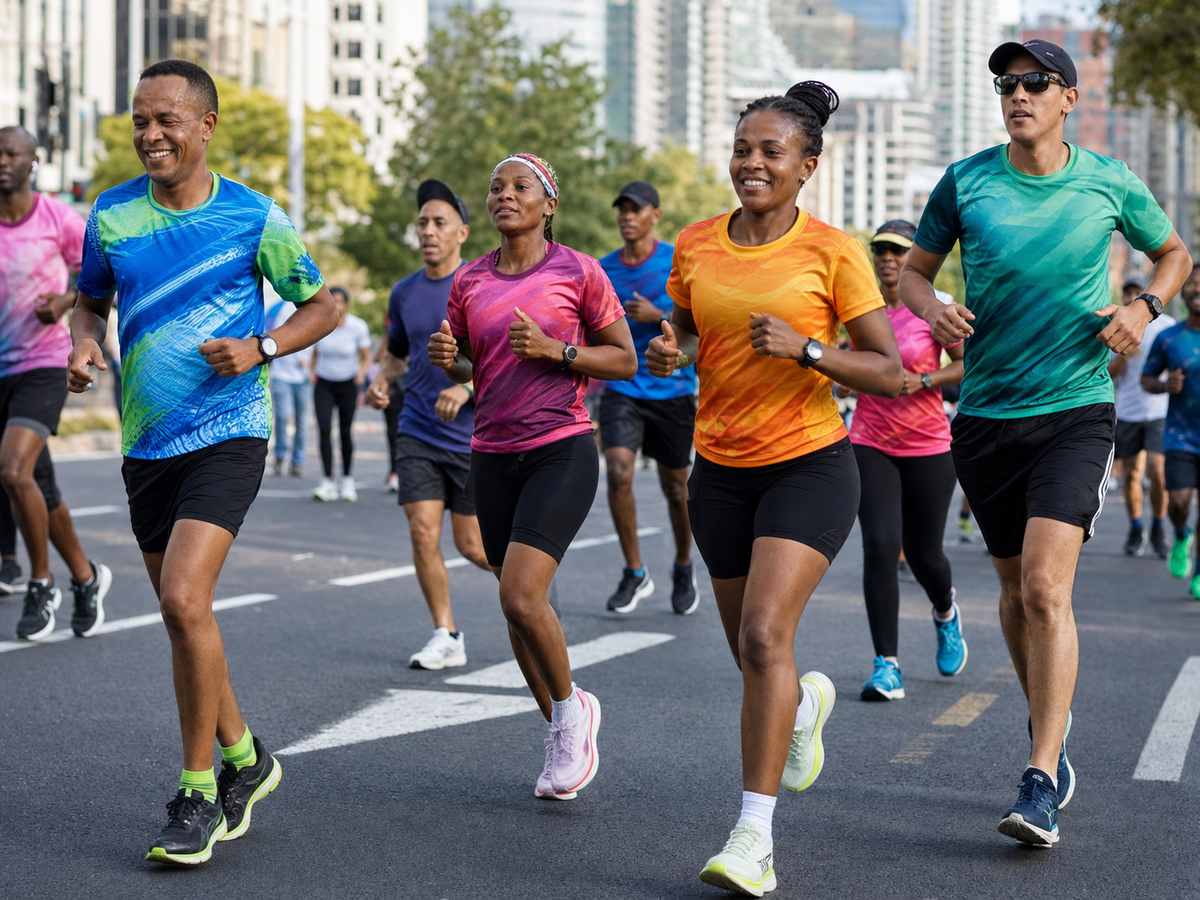 South African road runners in different full-colour sublimated event shirts