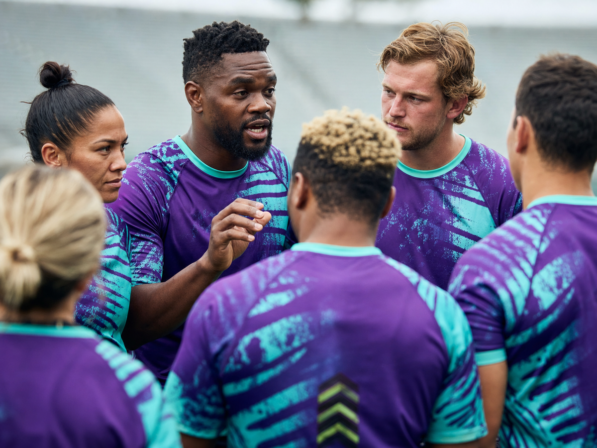 Mixed sports team wearing coordinated purple and aqua sublimated shirts