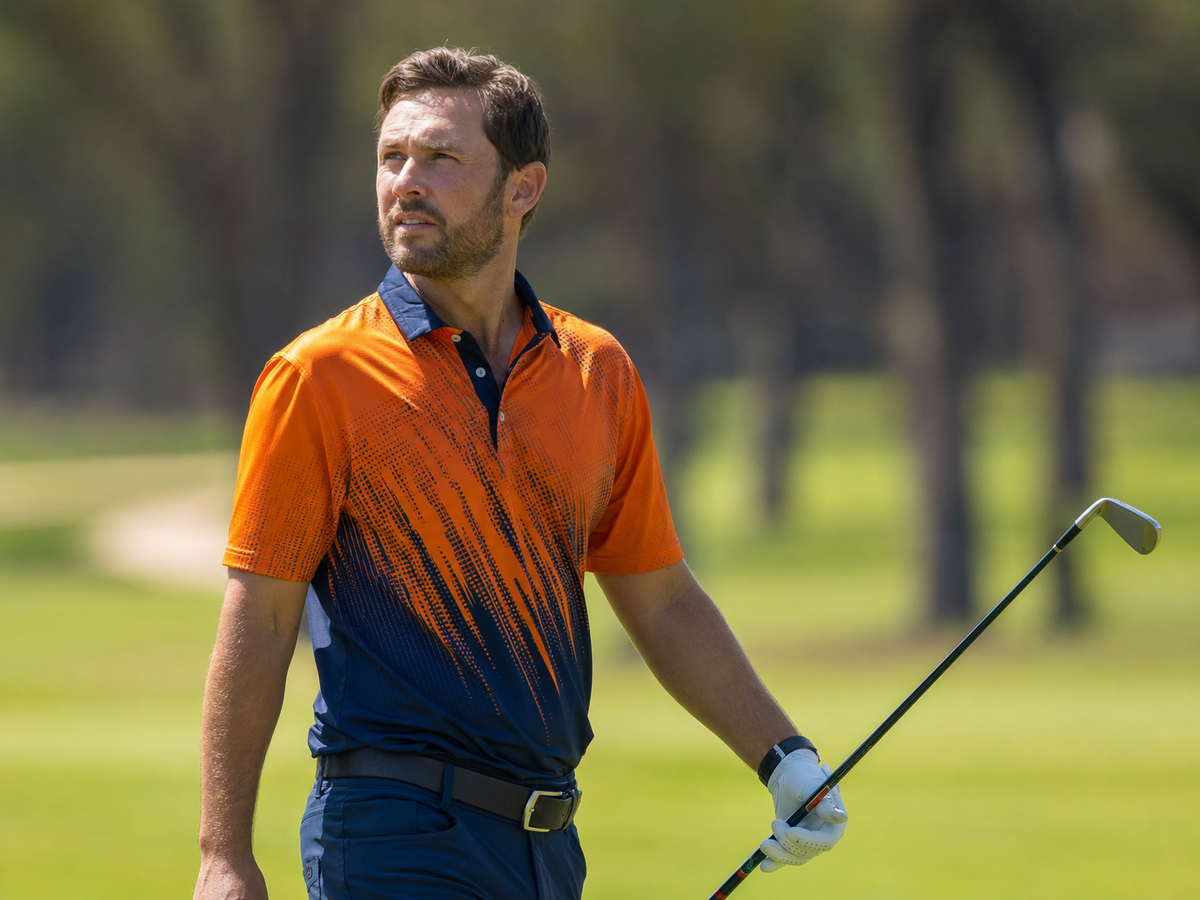 Golfer wearing a vivid orange and navy sublimated performance polo