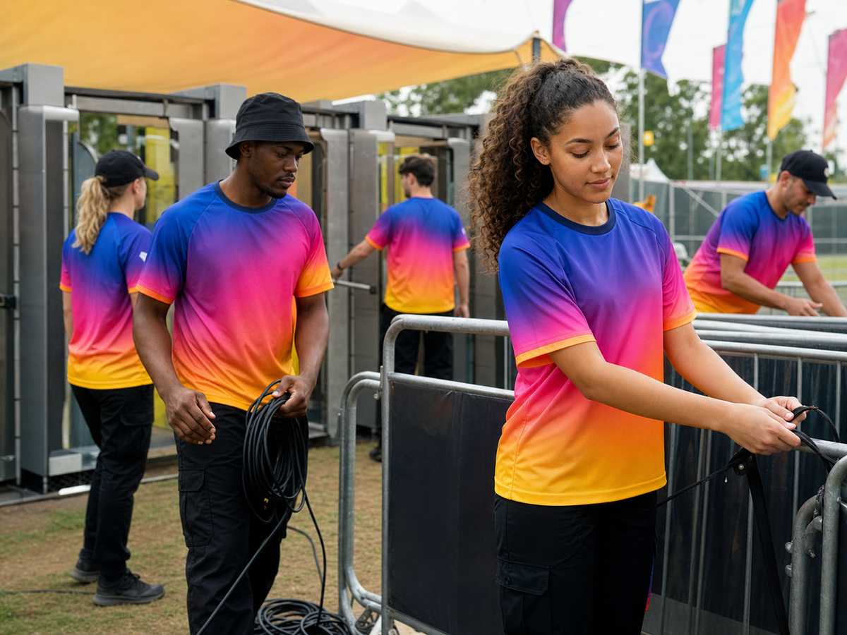 Festival event crew in bright gradient sublimated performance shirts